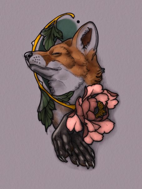 Friedlicher fuchs mit Pfingstrose