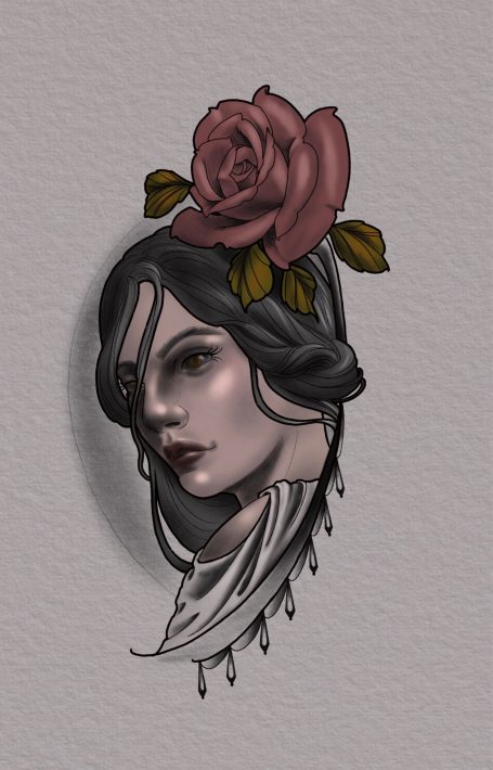 Porträt einer Frau mit einem roten Rosenhaar und elegantem Kragen.